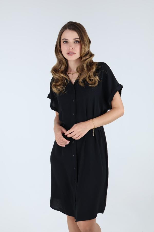 Vestido Negro Estilo Camisero Con Detalle De Botones Moderno Para Dama